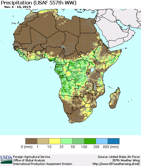 Africa Precipitation (USAF 557th WW) Thematic Map For 11/4/2019 - 11/10/2019