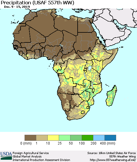 Africa Precipitation (USAF 557th WW) Thematic Map For 12/9/2019 - 12/15/2019