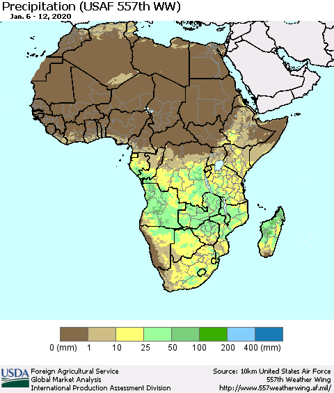 Africa Precipitation (USAF 557th WW) Thematic Map For 1/6/2020 - 1/12/2020