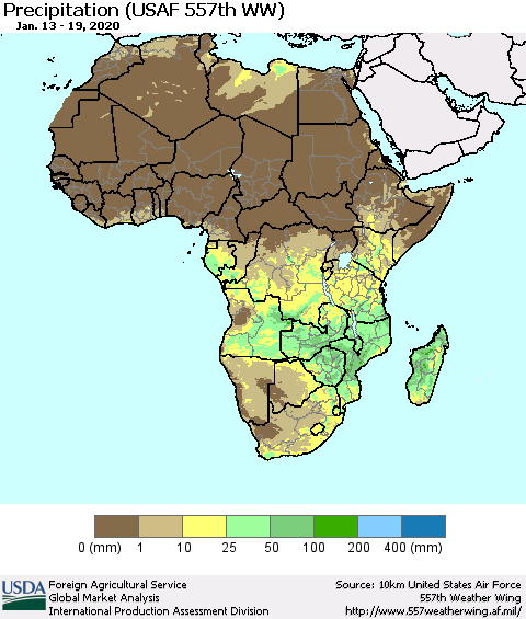 Africa Precipitation (USAF 557th WW) Thematic Map For 1/13/2020 - 1/19/2020