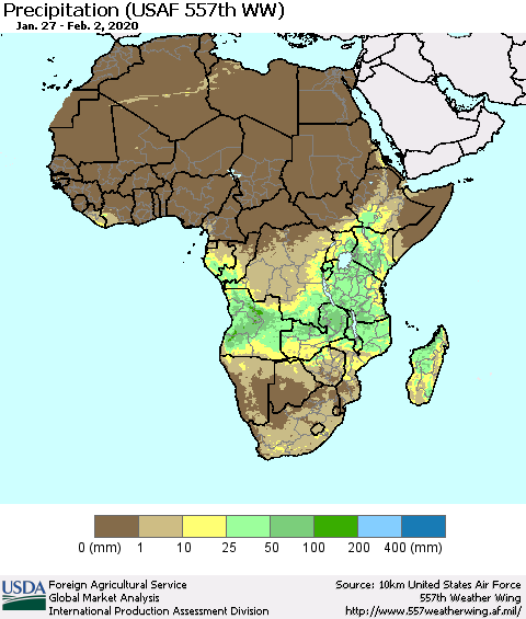 Africa Precipitation (USAF 557th WW) Thematic Map For 1/27/2020 - 2/2/2020