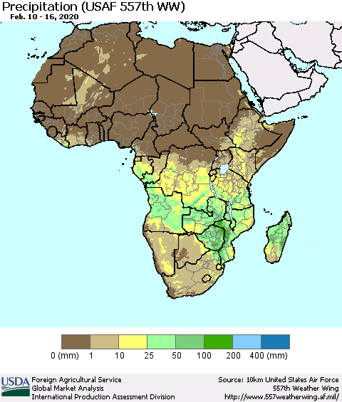 Africa Precipitation (USAF 557th WW) Thematic Map For 2/10/2020 - 2/16/2020