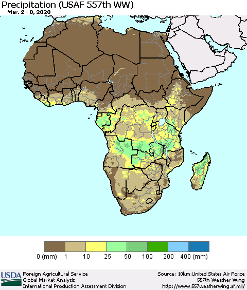 Africa Precipitation (USAF 557th WW) Thematic Map For 3/2/2020 - 3/8/2020