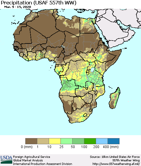Africa Precipitation (USAF 557th WW) Thematic Map For 3/9/2020 - 3/15/2020