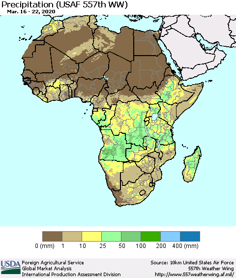 Africa Precipitation (USAF 557th WW) Thematic Map For 3/16/2020 - 3/22/2020
