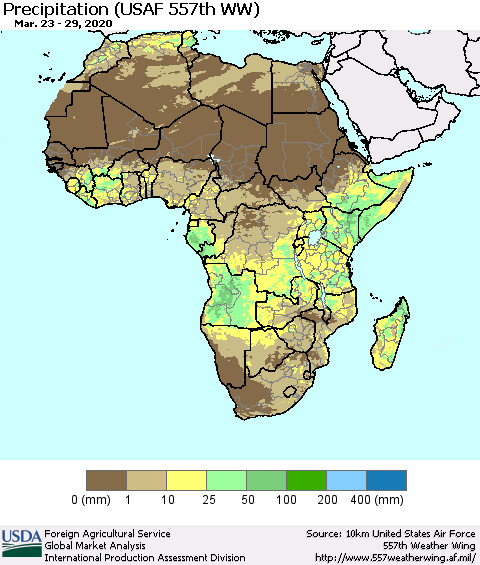 Africa Precipitation (USAF 557th WW) Thematic Map For 3/23/2020 - 3/29/2020