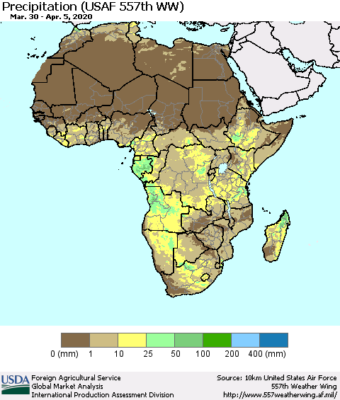 Africa Precipitation (USAF 557th WW) Thematic Map For 3/30/2020 - 4/5/2020
