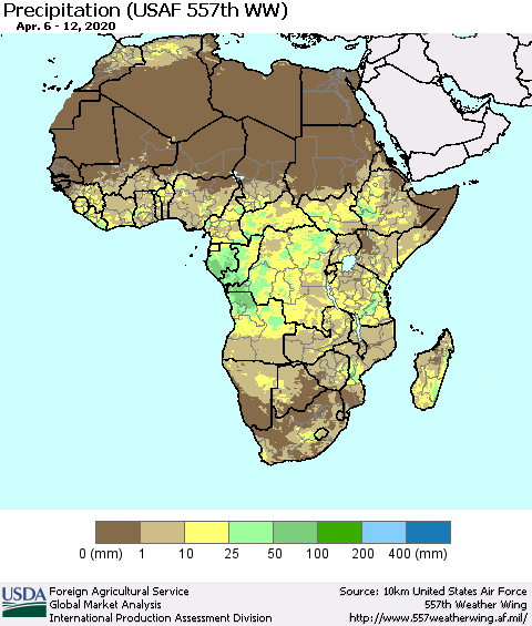 Africa Precipitation (USAF 557th WW) Thematic Map For 4/6/2020 - 4/12/2020