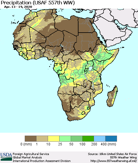 Africa Precipitation (USAF 557th WW) Thematic Map For 4/13/2020 - 4/19/2020