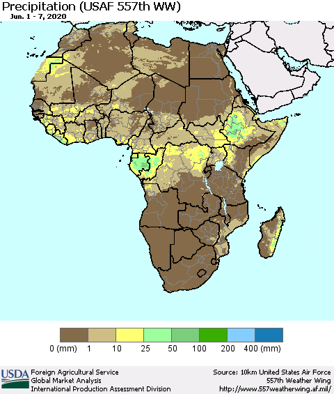 Africa Precipitation (USAF 557th WW) Thematic Map For 6/1/2020 - 6/7/2020