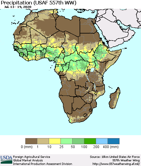 Africa Precipitation (USAF 557th WW) Thematic Map For 7/13/2020 - 7/19/2020