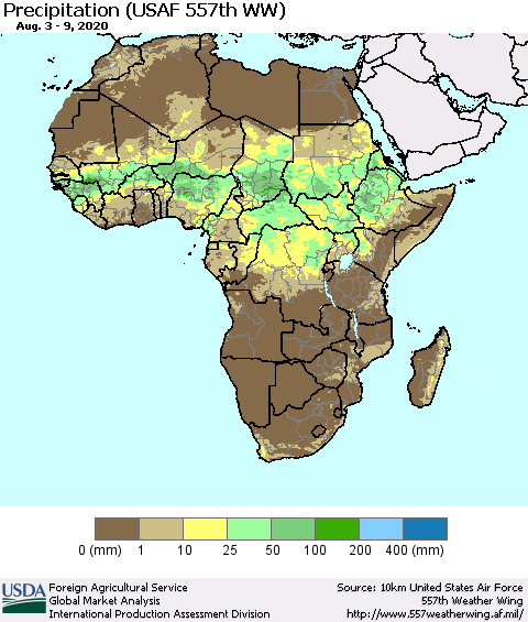 Africa Precipitation (USAF 557th WW) Thematic Map For 8/3/2020 - 8/9/2020