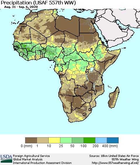 Africa Precipitation (USAF 557th WW) Thematic Map For 8/31/2020 - 9/6/2020