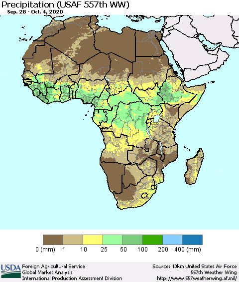 Africa Precipitation (USAF 557th WW) Thematic Map For 9/28/2020 - 10/4/2020