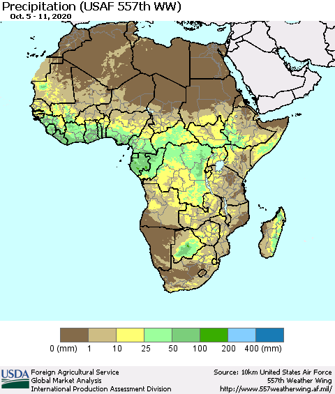 Africa Precipitation (USAF 557th WW) Thematic Map For 10/5/2020 - 10/11/2020