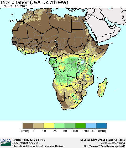 Africa Precipitation (USAF 557th WW) Thematic Map For 11/9/2020 - 11/15/2020