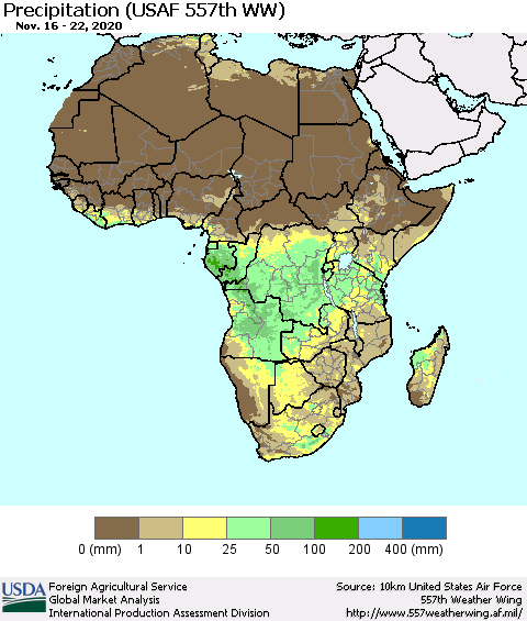 Africa Precipitation (USAF 557th WW) Thematic Map For 11/16/2020 - 11/22/2020