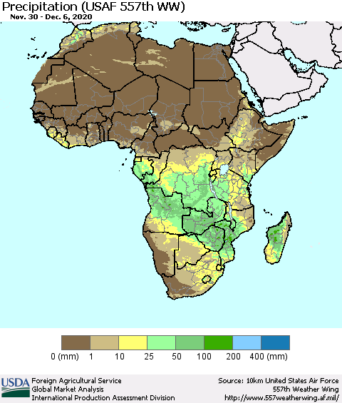 Africa Precipitation (USAF 557th WW) Thematic Map For 11/30/2020 - 12/6/2020