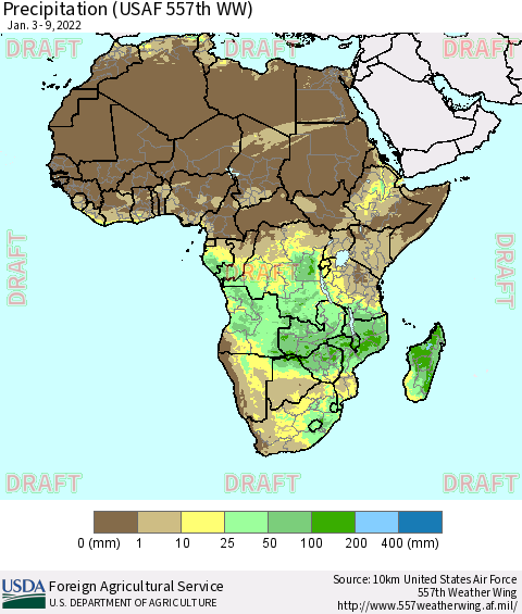 Africa Precipitation (USAF 557th WW) Thematic Map For 1/3/2022 - 1/9/2022