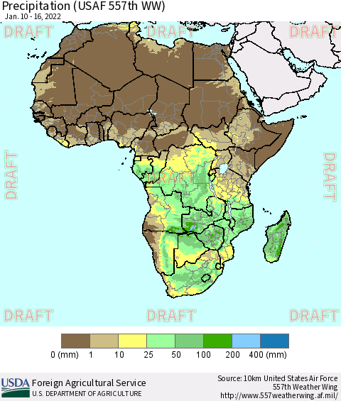 Africa Precipitation (USAF 557th WW) Thematic Map For 1/10/2022 - 1/16/2022