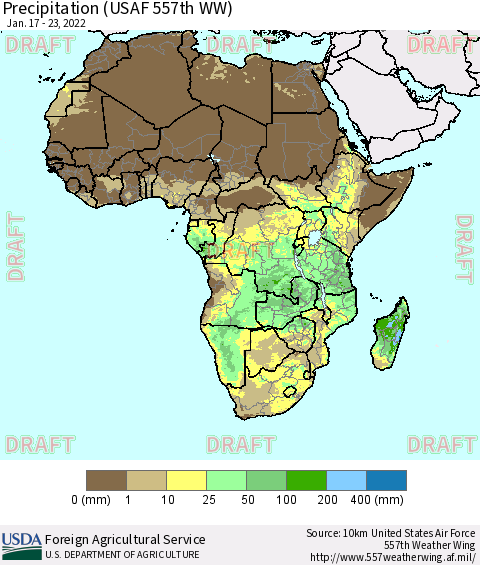 Africa Precipitation (USAF 557th WW) Thematic Map For 1/17/2022 - 1/23/2022