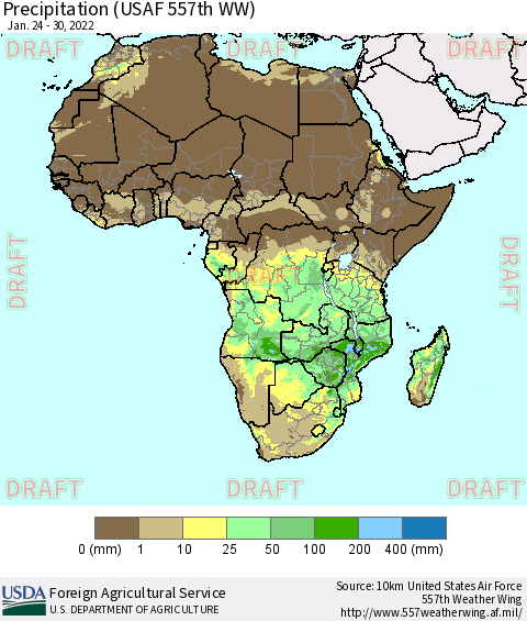 Africa Precipitation (USAF 557th WW) Thematic Map For 1/24/2022 - 1/30/2022