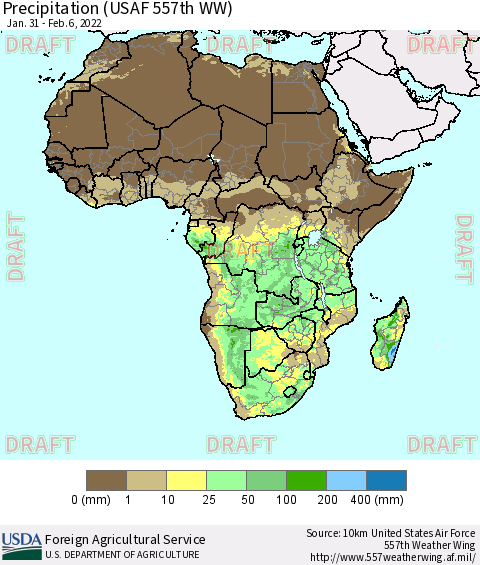 Africa Precipitation (USAF 557th WW) Thematic Map For 1/31/2022 - 2/6/2022
