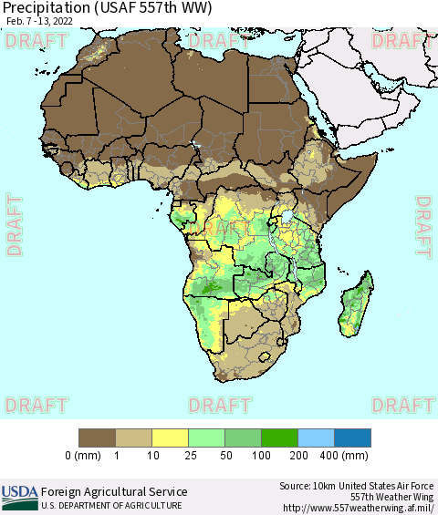 Africa Precipitation (USAF 557th WW) Thematic Map For 2/7/2022 - 2/13/2022