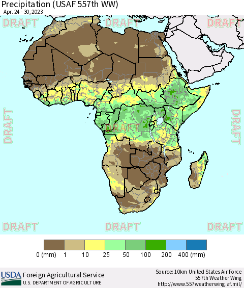 Africa Precipitation (USAF 557th WW) Thematic Map For 4/24/2023 - 4/30/2023