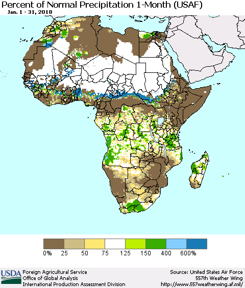 Africa Percent of Normal Precipitation 1-Month (USAF) Thematic Map For 1/1/2018 - 1/31/2018