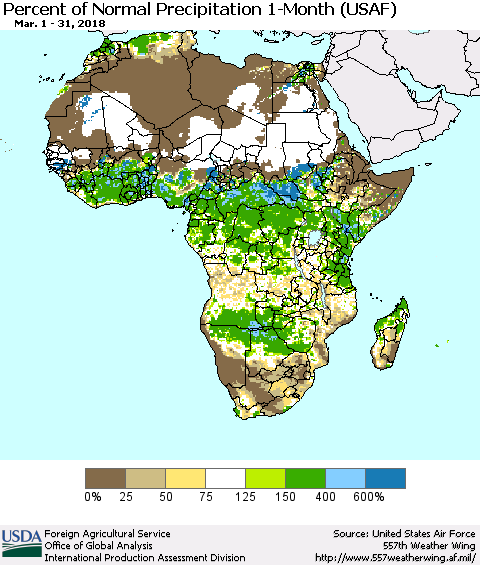 Africa Percent of Normal Precipitation 1-Month (USAF) Thematic Map For 3/1/2018 - 3/31/2018