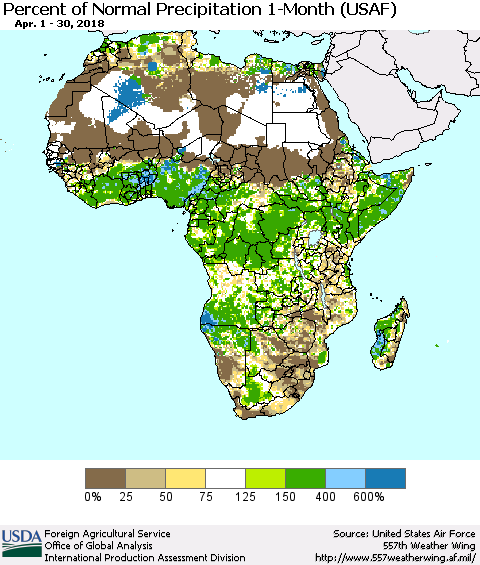 Africa Percent of Normal Precipitation 1-Month (USAF) Thematic Map For 4/1/2018 - 4/30/2018