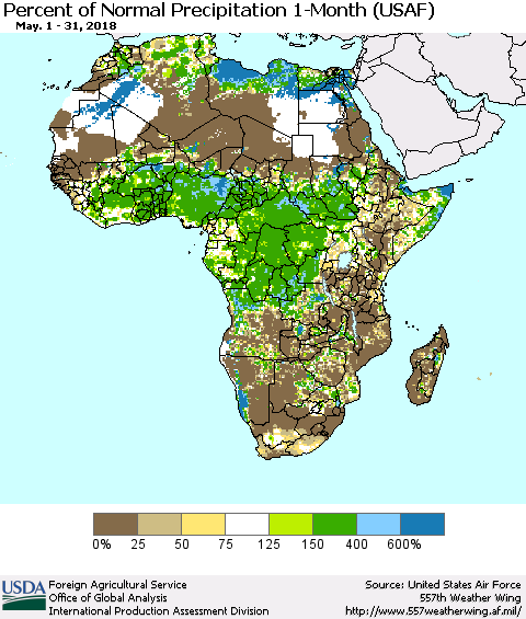 Africa Percent of Normal Precipitation 1-Month (USAF) Thematic Map For 5/1/2018 - 5/31/2018