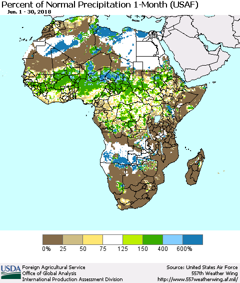 Africa Percent of Normal Precipitation 1-Month (USAF) Thematic Map For 6/1/2018 - 6/30/2018