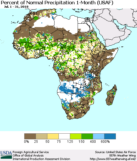 Africa Percent of Normal Precipitation 1-Month (USAF) Thematic Map For 7/1/2018 - 7/31/2018