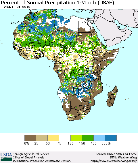 Africa Percent of Normal Precipitation 1-Month (USAF) Thematic Map For 8/1/2018 - 8/31/2018