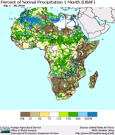 Africa Percent of Normal Precipitation 1-Month (USAF) Thematic Map For 9/1/2018 - 9/30/2018