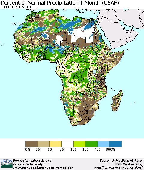 Africa Percent of Normal Precipitation 1-Month (USAF) Thematic Map For 10/1/2018 - 10/31/2018