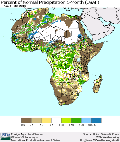 Africa Percent of Normal Precipitation 1-Month (USAF) Thematic Map For 11/1/2018 - 11/30/2018