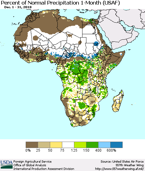 Africa Percent of Normal Precipitation 1-Month (USAF) Thematic Map For 12/1/2018 - 12/31/2018