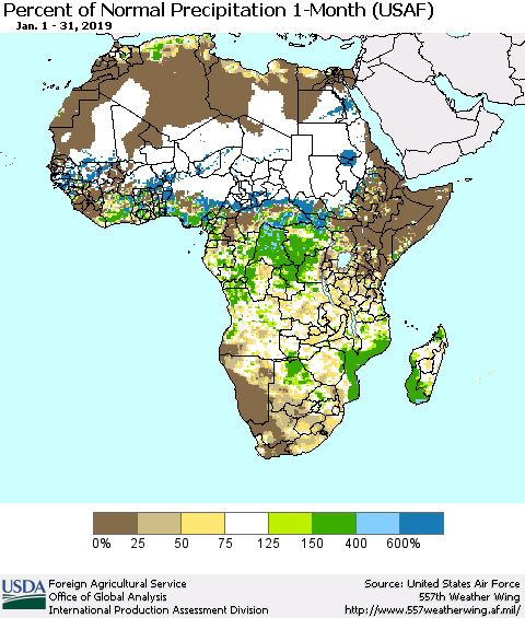 Africa Percent of Normal Precipitation 1-Month (USAF) Thematic Map For 1/1/2019 - 1/31/2019