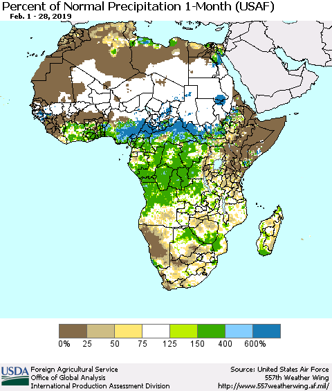 Africa Percent of Normal Precipitation 1-Month (USAF) Thematic Map For 2/1/2019 - 2/28/2019