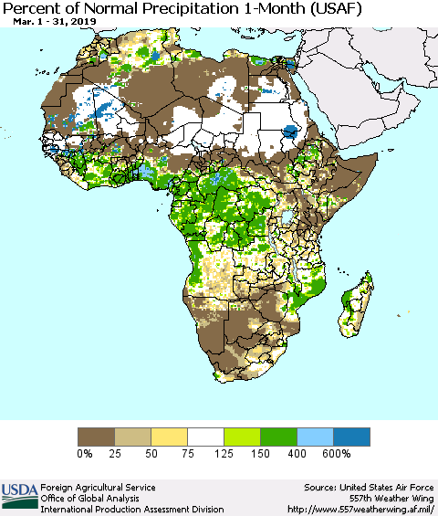 Africa Percent of Normal Precipitation 1-Month (USAF) Thematic Map For 3/1/2019 - 3/31/2019