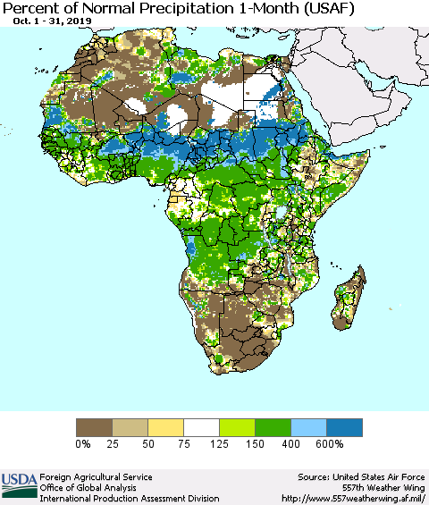Africa Percent of Normal Precipitation 1-Month (USAF) Thematic Map For 10/1/2019 - 10/31/2019