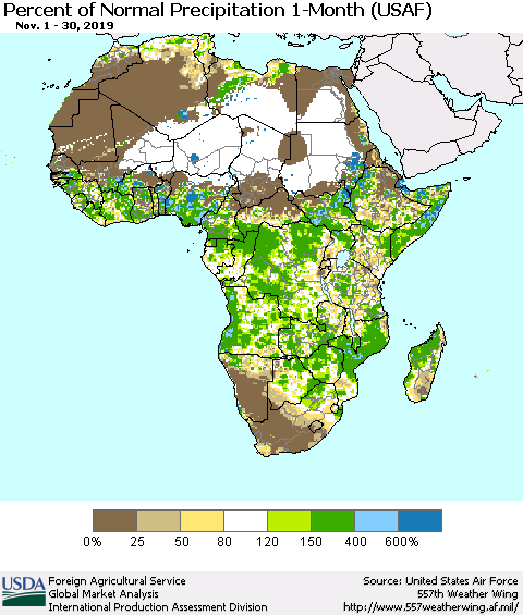 Africa Percent of Normal Precipitation 1-Month (USAF) Thematic Map For 11/1/2019 - 11/30/2019