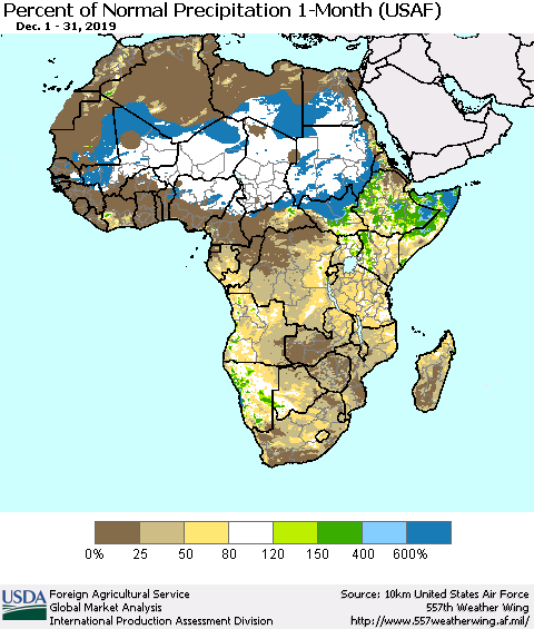 Africa Percent of Normal Precipitation 1-Month (USAF) Thematic Map For 12/1/2019 - 12/31/2019