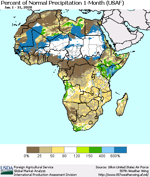 Africa Percent of Normal Precipitation 1-Month (USAF) Thematic Map For 1/1/2020 - 1/31/2020