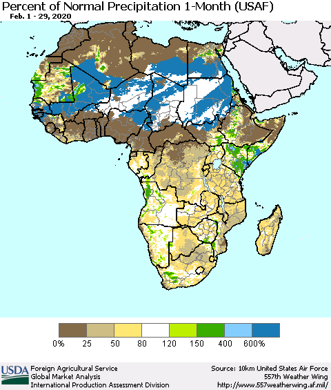 Africa Percent of Normal Precipitation 1-Month (USAF) Thematic Map For 2/1/2020 - 2/29/2020