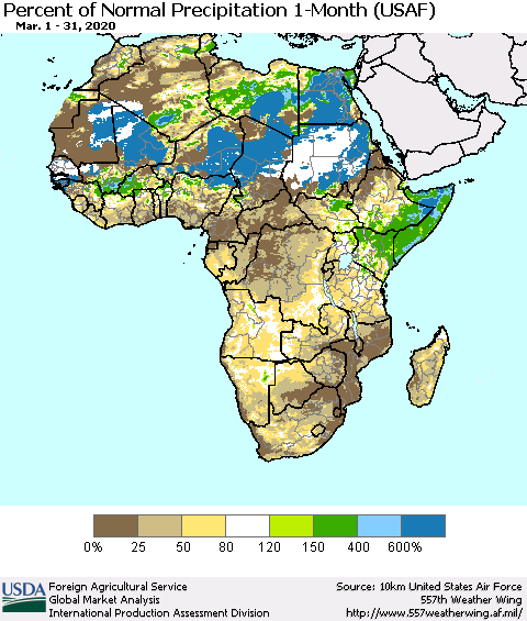 Africa Percent of Normal Precipitation 1-Month (USAF) Thematic Map For 3/1/2020 - 3/31/2020