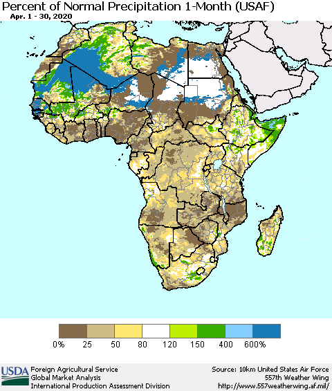 Africa Percent of Normal Precipitation 1-Month (USAF) Thematic Map For 4/1/2020 - 4/30/2020